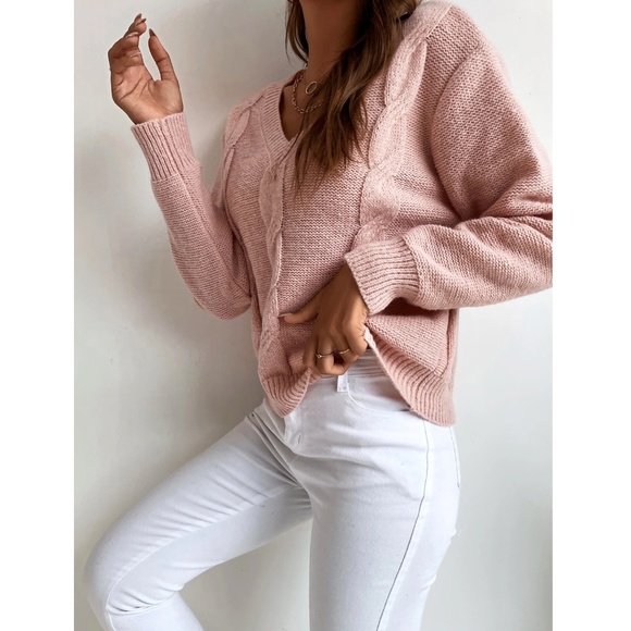 Pink Knit Braid Textured V-Neck Pullover Sweater - Picture 6 of 7